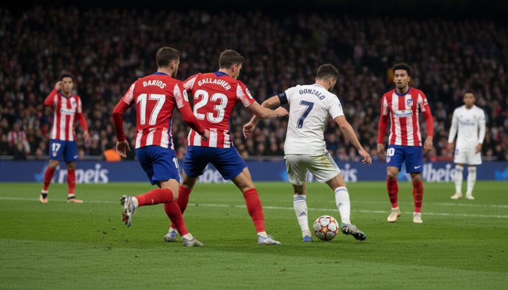 suivez en direct le match atlético vs real madrid avec la composition officielle : gallagher remplace barrios et gonzalo prend la place de mbappé.