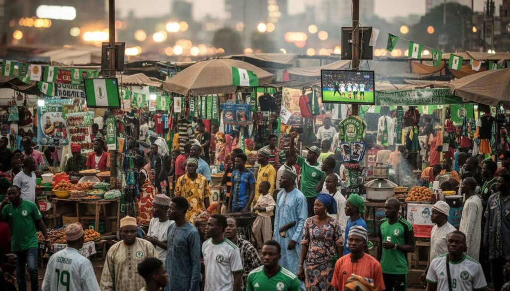 découvrez l'effervescence et l'ambiance unique du grand bazar au nigeria à l'approche du quart de finale, entre passion sportive et scènes animées.