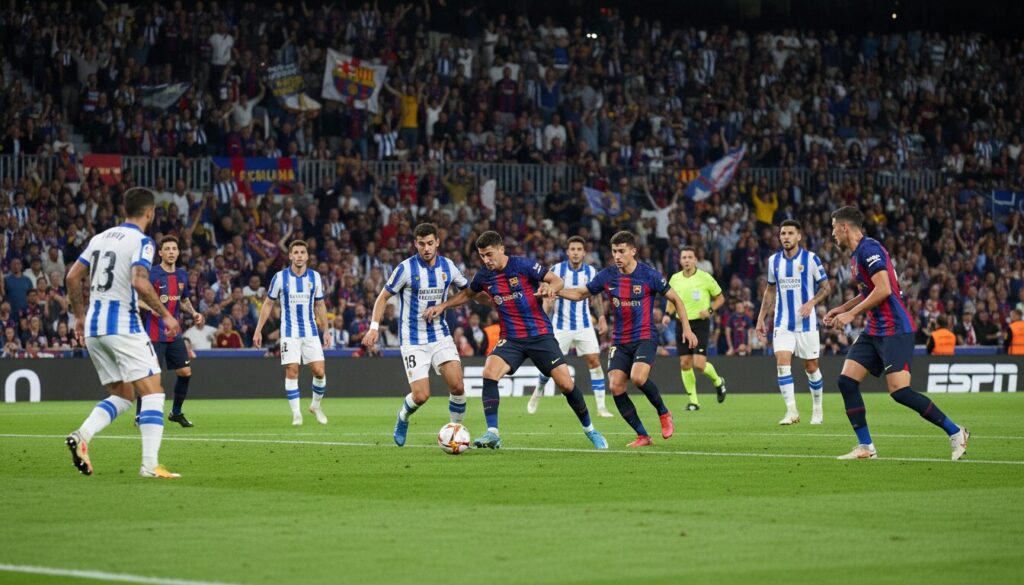 le fc barcelone affronte la real sociedad au stade d'anoeta sans la présence de raphinha, un défi important pour l'équipe en liga.