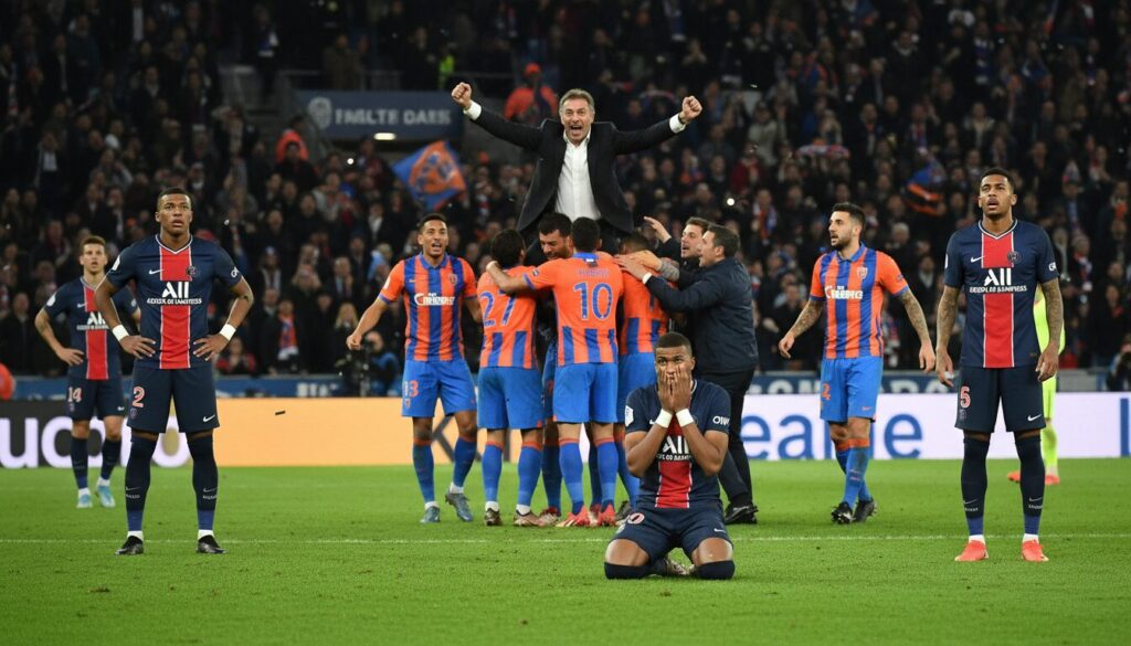 le psg éliminé en 16es de la coupe de france pour la première fois depuis 2014, surpris par montpellier et l'entraîneur rolland courbis dans un match marquant.