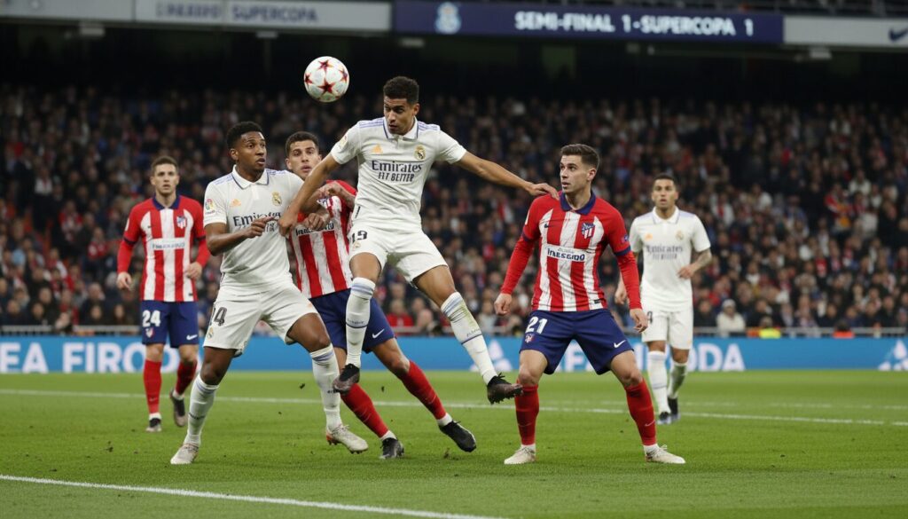 le real madrid affronte l'atlético en demi-finale de la supercoupe dans un duel intense, marquant l'absence notable de mbappé qui pourrait influencer le résultat.