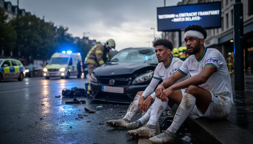 randal kolo muani et wilson odobert impliqués dans un accident de voiture avant le match tottenham-francfort, suscitant inquiétude sur leur état de santé et leur participation au choc.
