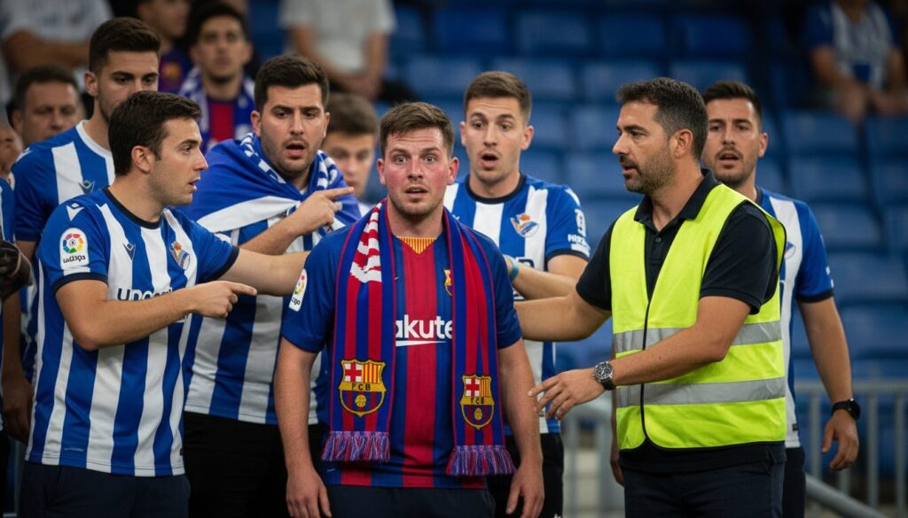 un supporter du fc barcelone est surpris dans la zone réservée aux fans de l'espanyol et expulsé du stade pour ce comportement inattendu.