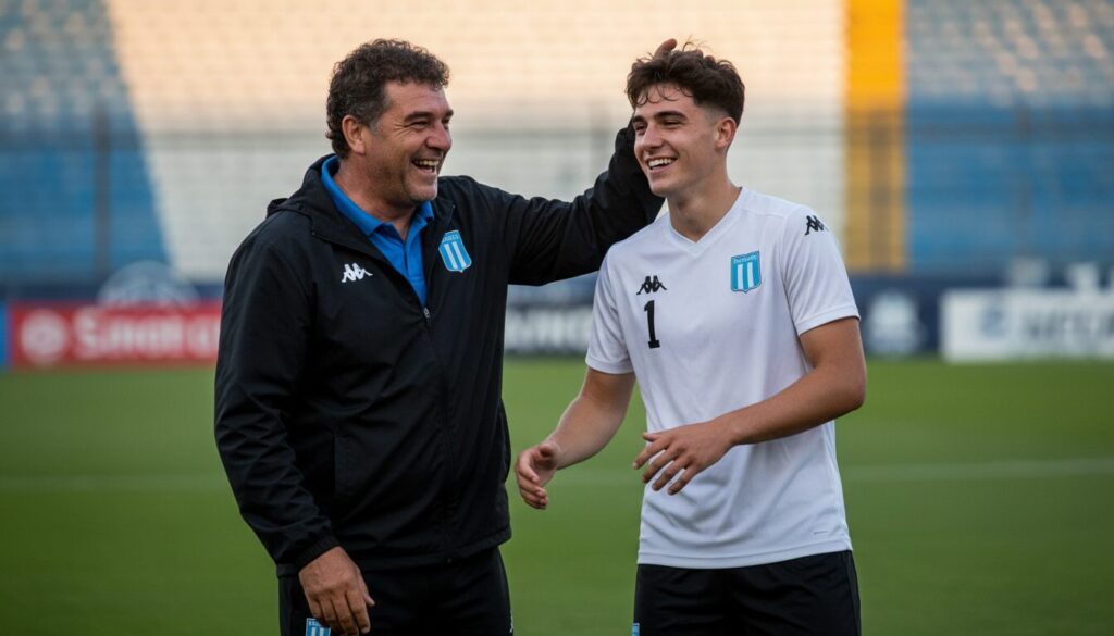 découvrez l'histoire de vichi, entraîneur de gardiens passionné et père de laro, le portier du racing, dans une relation pleine de taquineries et de complicité.