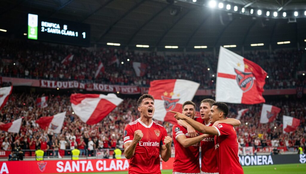 benfica remporte une victoire cruciale 2-1 contre santa clara en primeira liga, intensifiant la lutte au sommet du classement.