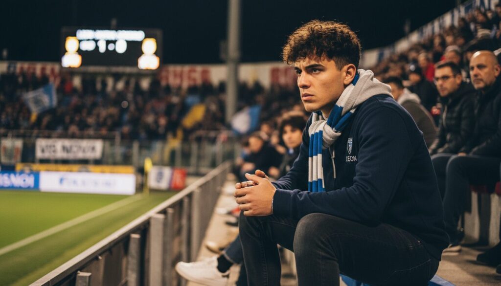 suivez nico paz, ancien joueur de serie a, dans les tribunes de vimercate pour le match de serie d entre leon et nuova sondrio.