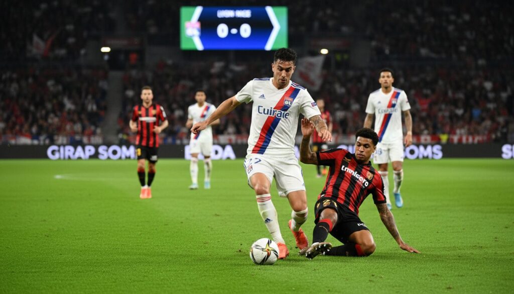 suivez en direct le match en cours entre lyon et nice avec un score nul de 0-0. toutes les actions, statistiques et commentaires en temps réel.