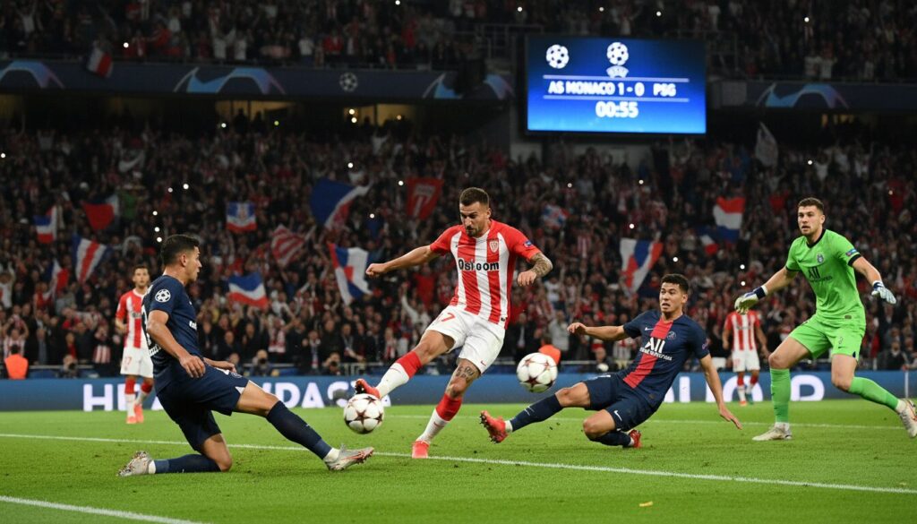 monaco démarre fort face au psg en ligue des champions avec un but éclair dès la 55e seconde, prenant rapidement l'avantage dans le match.