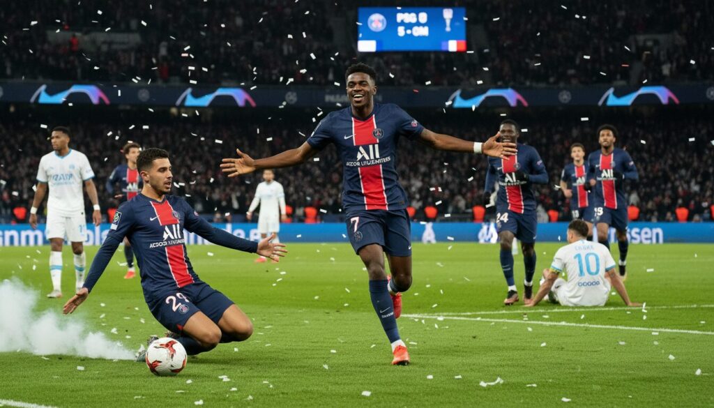 revivez la victoire éclatante du psg contre l'om avec un score de 5-0. appréciez la performance remarquable de dembélé et l'impressionnante prestation de mendes, ainsi que les notes détaillées des joueurs.