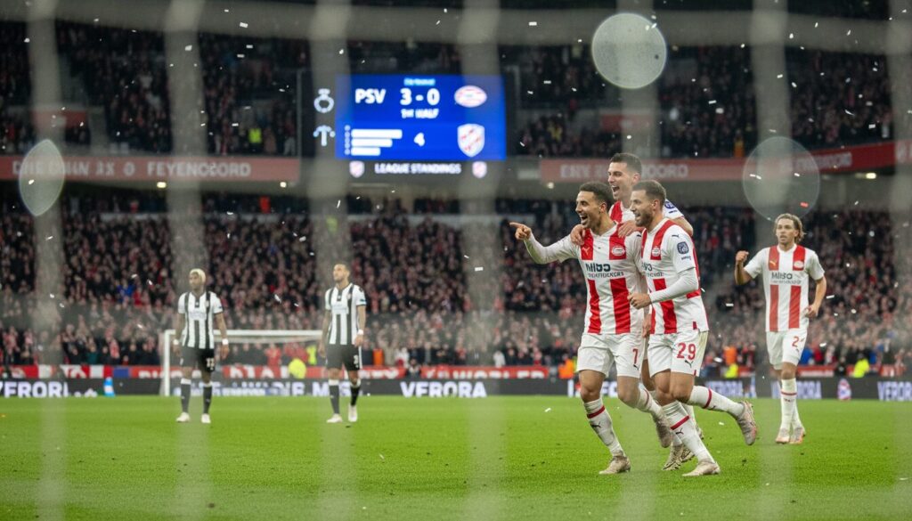 psv domine feyenoord 3-0 grâce à une première mi-temps spectaculaire, creusant l'écart en tête du classement avec 17 points d'avance.