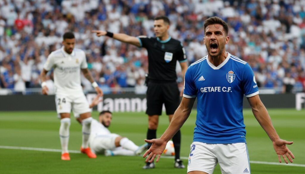 l'attaquant de getafe exprime son mécontentement suite à la décision arbitrale controversée lors de l'incident impliquant rudiger dans le match contre le real madrid.