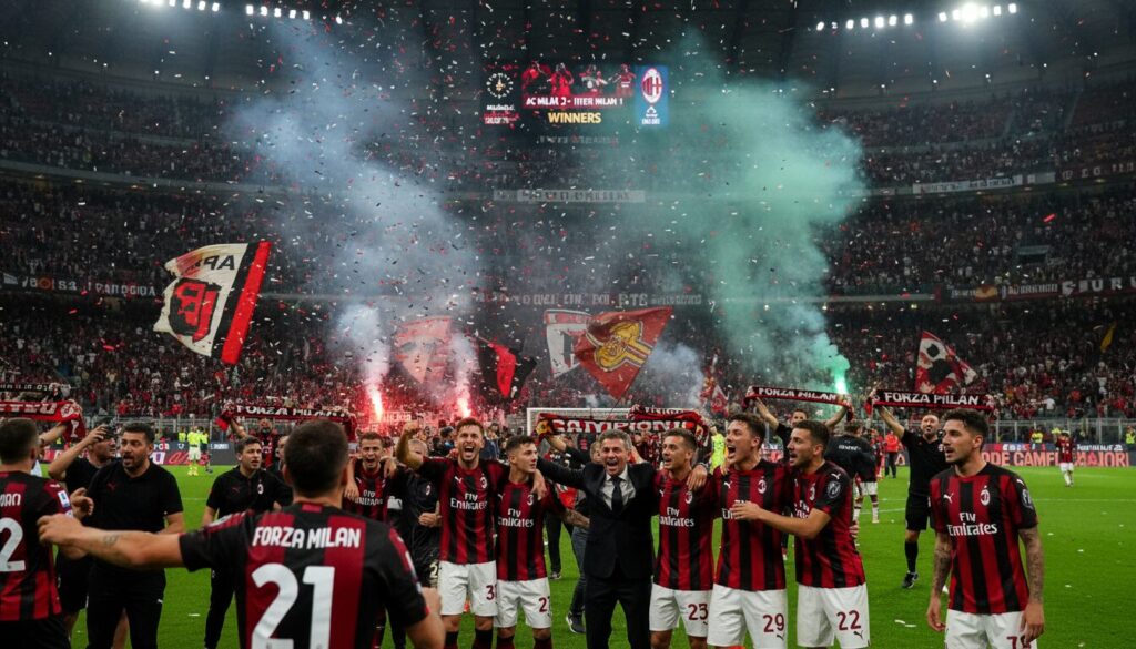 le milan triomphe de justesse contre l'inter pour remporter le 'scudetto' des supporters au stade, tout en cherchant à s'imposer sur la scène mondiale.