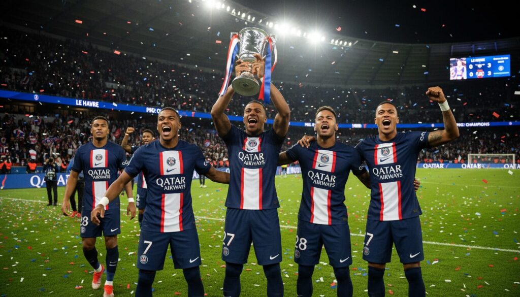 le psg s'impose brillamment au havre et prend la tête du classement, affichant une performance exceptionnelle cette saison.