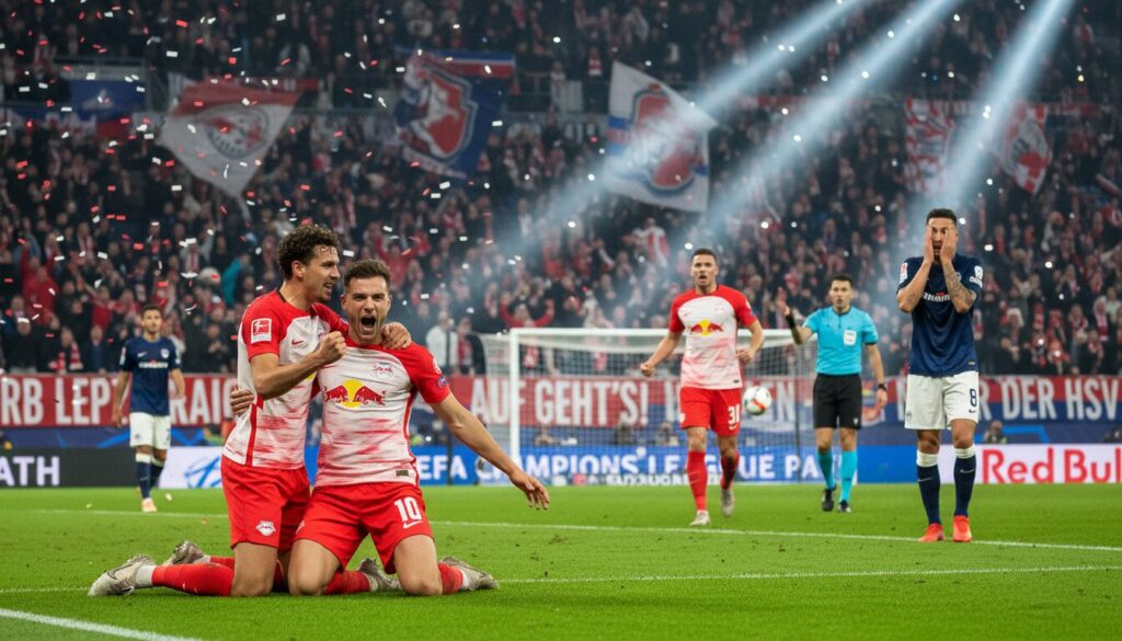 le rb leipzig réalise un incroyable retournement face à hambourg et continue sa route vers la ligue des champions avec détermination.