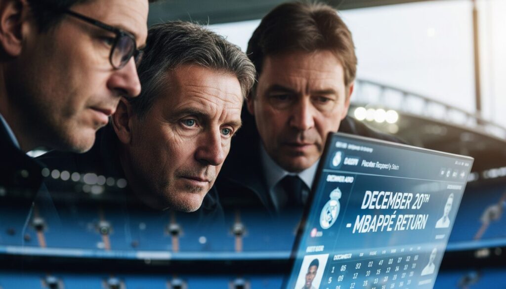 le real madrid suit de près la date de retour de kylian mbappé après sa blessure à manchester city, en vue de futurs transferts et stratégies.