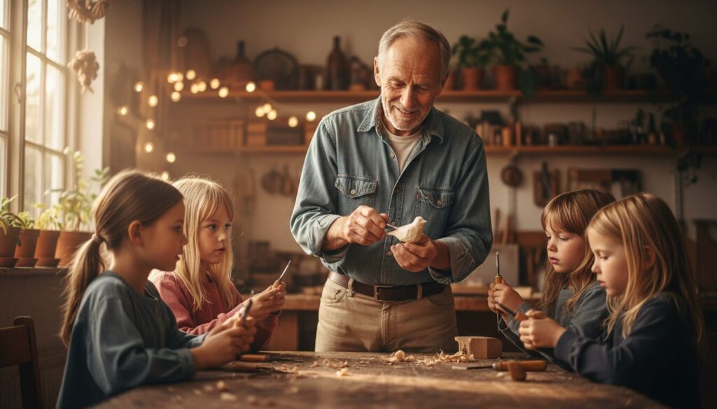 le vieux lennart karl partage son savoir-faire avec les enfants en leur montrant comment réaliser différentes activités, mêlant tradition et apprentissage ludique.
