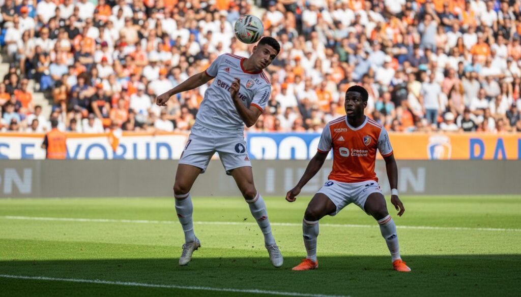 suivez le match lorient-lens avec talbi qui construit une défense solide telle une cathédrale, tandis que sima cherche à marquer pour dynamiser son équipe.