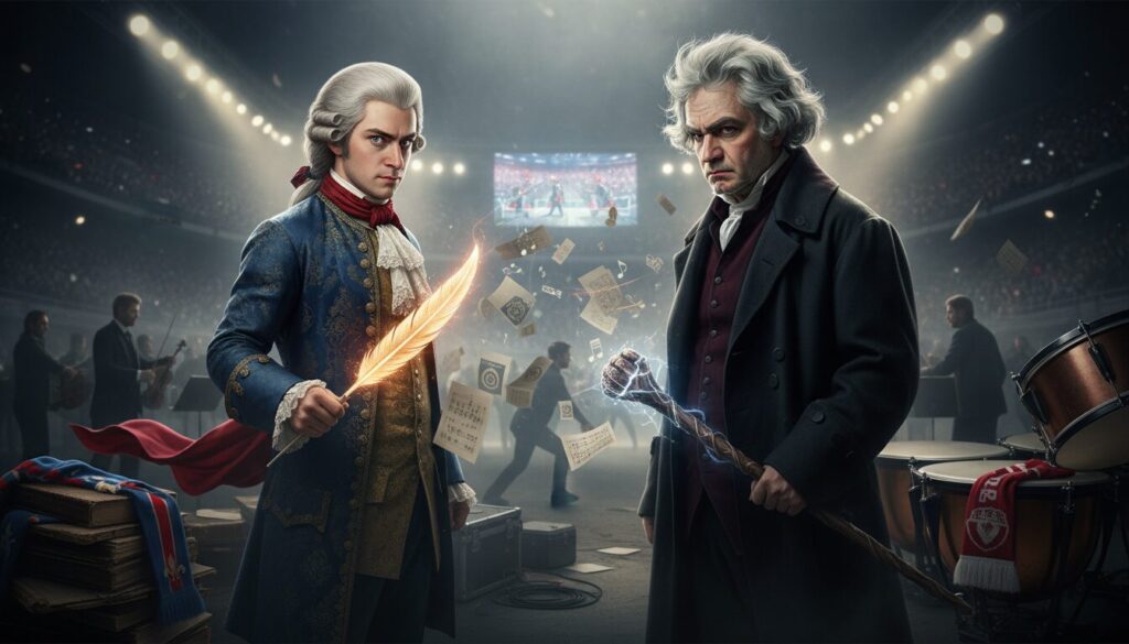 découvrez la rivalité légendaire entre mozart et beethoven métaphoriquement incarnée par le match épique entre le psg et le bayern munich au parc des princes. plongez dans les coulisses d'une symphonie footballistique intense où passion et talent s'affrontent.