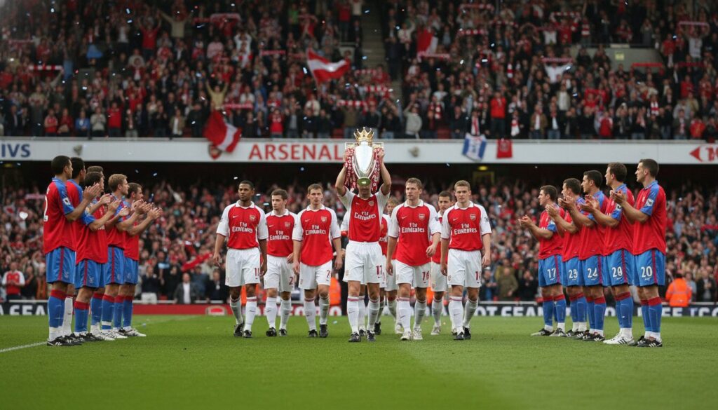 arsenal sacré champion de la premier league, célébré avec une haie d'honneur mémorable sur la pelouse de crystal palace, un moment historique pour le club et ses supporters.