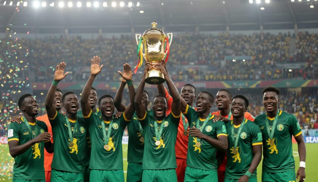 découvrez la cérémonie au stade de france où les lions du sénégal ont fièrement présenté leur trophée de victoire à la can, symbole de leur triomphe historique.