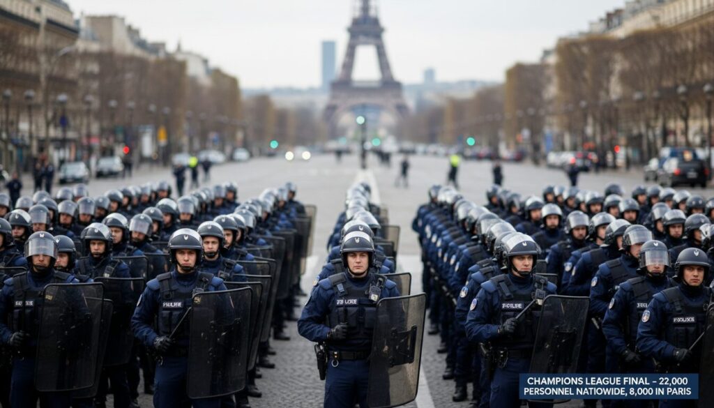 pour la ligue des champions, 22 000 policiers et gendarmes sont mobilisés en france, dont 8 000 à paris, afin de garantir la sécurité lors des événements liés à la compétition.