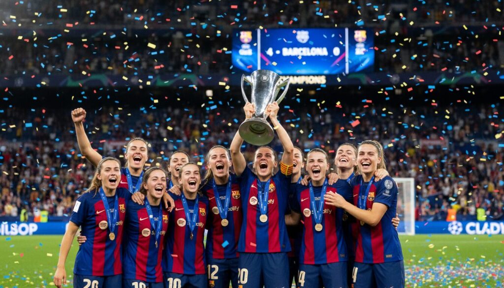 le fc barcelone écrase l'ol lyonnais 4-0 en finale de la ligue des champions féminine, remportant un 4e titre européen historique et affirmant sa domination continentale.