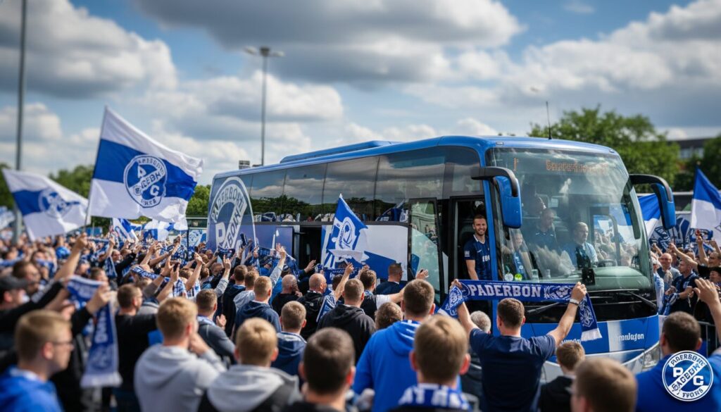 les supporters de paderborn célèbrent avec enthousiasme l'arrivée en bus de leur équipe sous un ciel bleu et blanc, avant le match décisif de barrage contre wolfsburg.