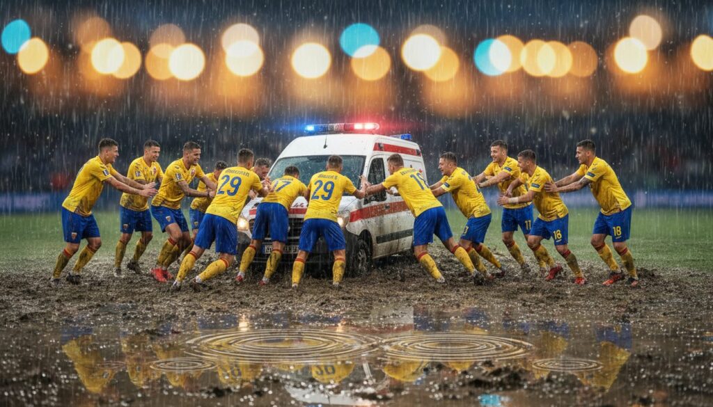en roumanie, un geste surréaliste : des footballeurs viennent en aide à une ambulance bloquée sur un terrain de football à cause de la pluie, alliant solidarité et sport.