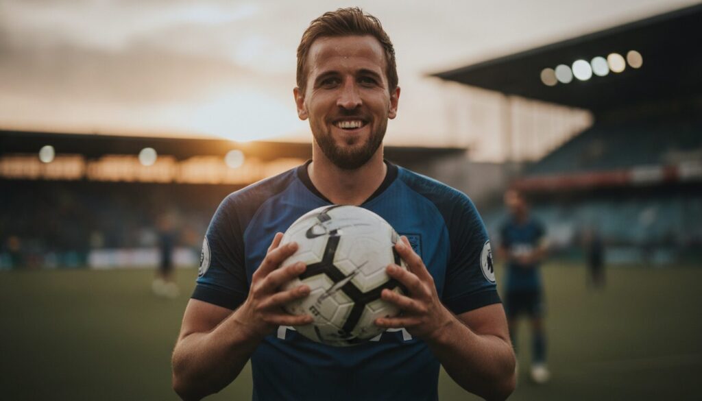 kane sourit après son triplé et évoque le ballon de match, précisant que son fils jouera finalement uniquement à domicile, fier comme jamais de sa performance.
