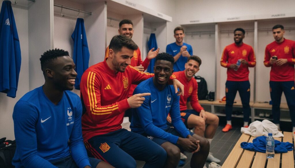 découvrez les réactions dans le vestiaire de l'équipe d'espagne après leur victoire contre la france, avec des taquineries à l'encontre d'olise et dembélé.