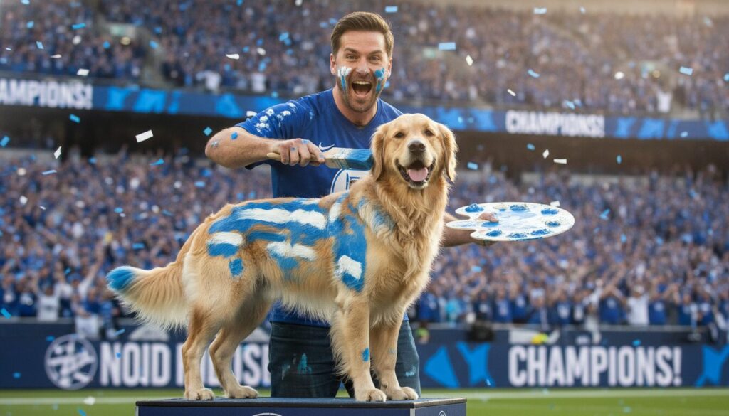 découvrez l'histoire insolite d'un amateur d'art qui a tenté de peindre un chien en bleu et blanc, illustrant l'enthousiasme débordant lors de la finale passionnante.