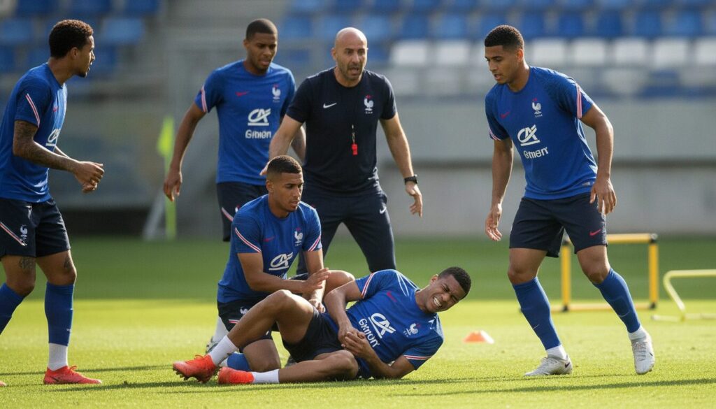 la sélection française confrontée à un nouveau coup dur avec la blessure d'un joueur supplémentaire lors d'une séance d'entraînement, impactant les préparatifs de l'équipe.