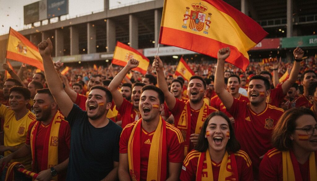 des supporters espagnols en liesse à la sortie du stade expriment leur fierté : « on leur a enseigné l'art du football » reflétant la passion et la maîtrise du jeu.