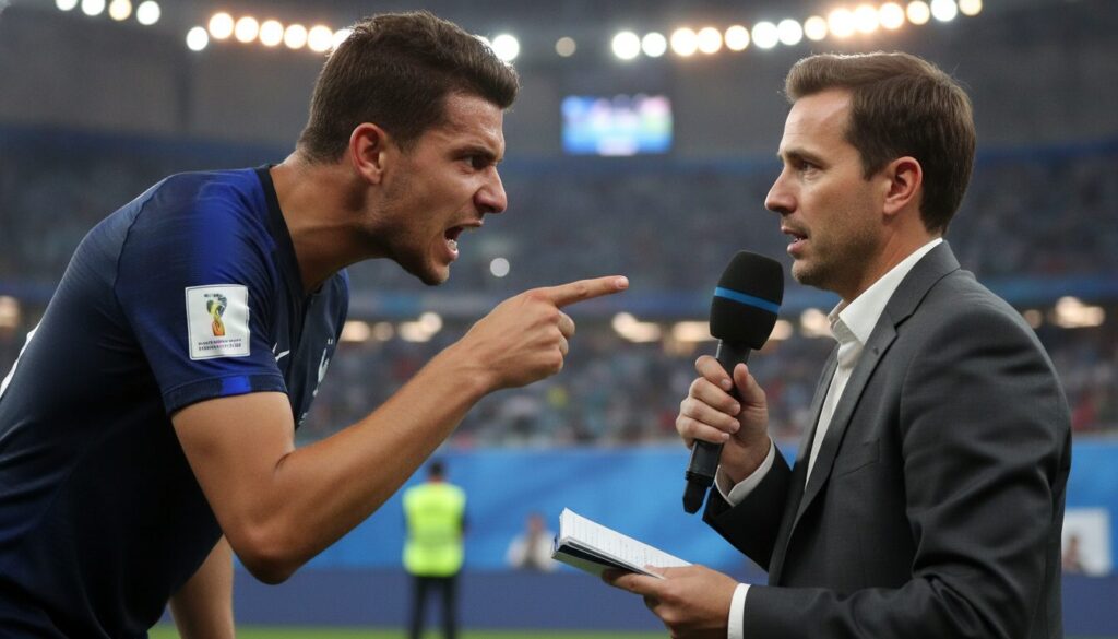 découvrez la vive réaction d'une star française défendant son coéquipier face à un journaliste après la défaite en coupe du monde. un moment intense rapporté par aol.