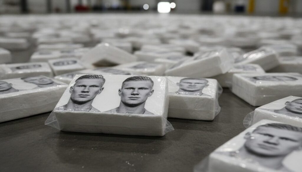 découvrez l'affaire insolite où le visage de haaland a été retrouvé imprimé sur des centaines de paquets de cocaïne saisis lors d'une opération policière.