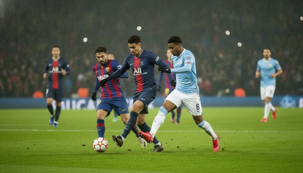 suivez le parcours du psg en ligue des champions alors qu'il affronte les géants du football européen, le fc barcelone et manchester city, dans des confrontations passionnantes.