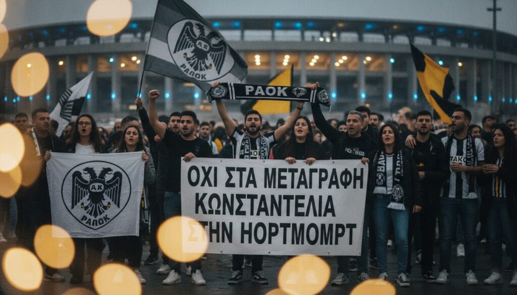 les supporters du paok salonique manifestent leur opposition au transfert de leur joueur konstantelias vers dortmund, exprimant leur mécontentement et leur attachement au club.