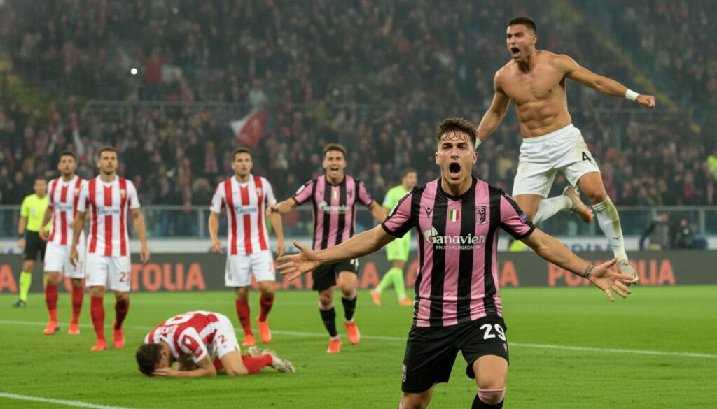 palermo s'impose dans les dernières secondes grâce à augello au 94e minute, tandis que mantova brille avec un triplé contre empoli.