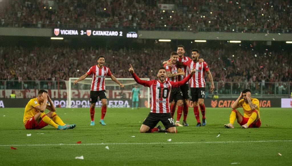 dans un final palpitant à la 89e minute, vicenza renverse catanzaro et s'impose 3-2 en serie b, offrant un match riche en suspense et en émotions.