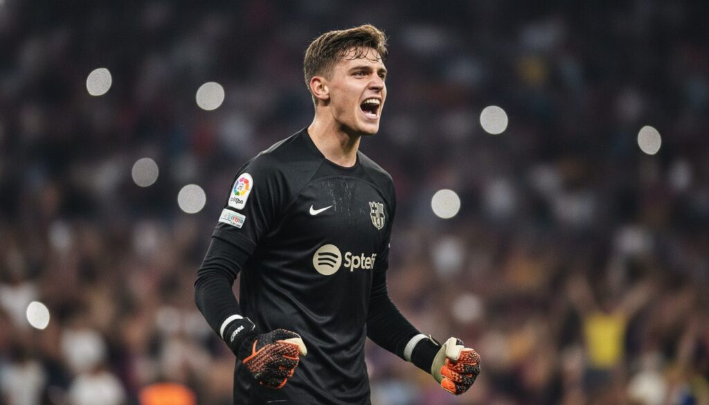 le gardien de but, fils d'une légende du fc barcelone, impressionne en marquant deux buts décisifs, assurant une victoire mémorable pour son équipe.