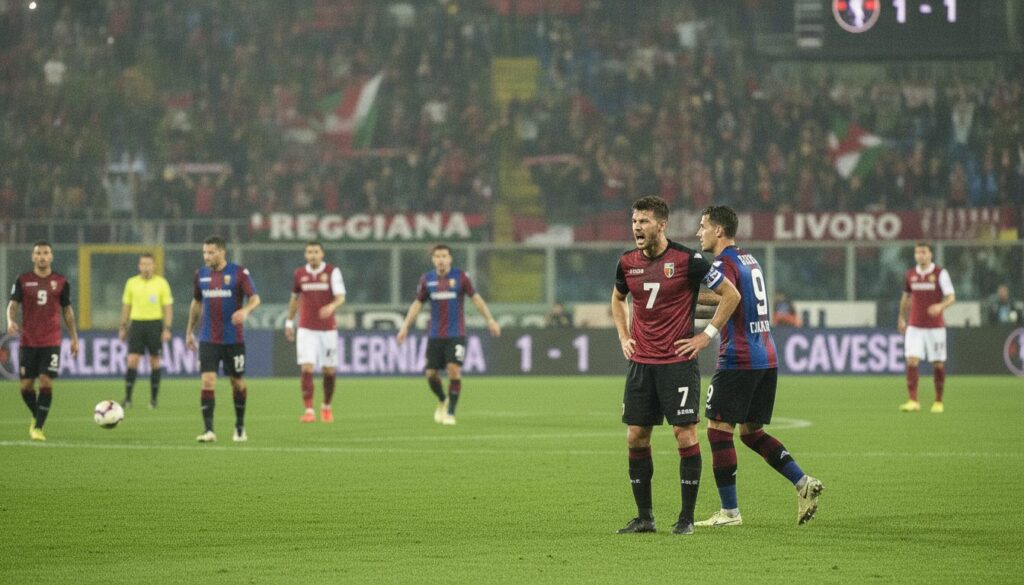 salernitana en difficulté avec un derby nul 1-1 contre la cavese, tandis que reggiana et livorno remportent leurs matchs et consolident leur position.